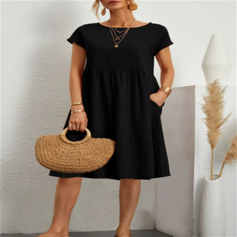 

2024Women Casual Dresses Summer Vintage Style Female O-neck Solid Color Comfortable Knee-Length with Pockets