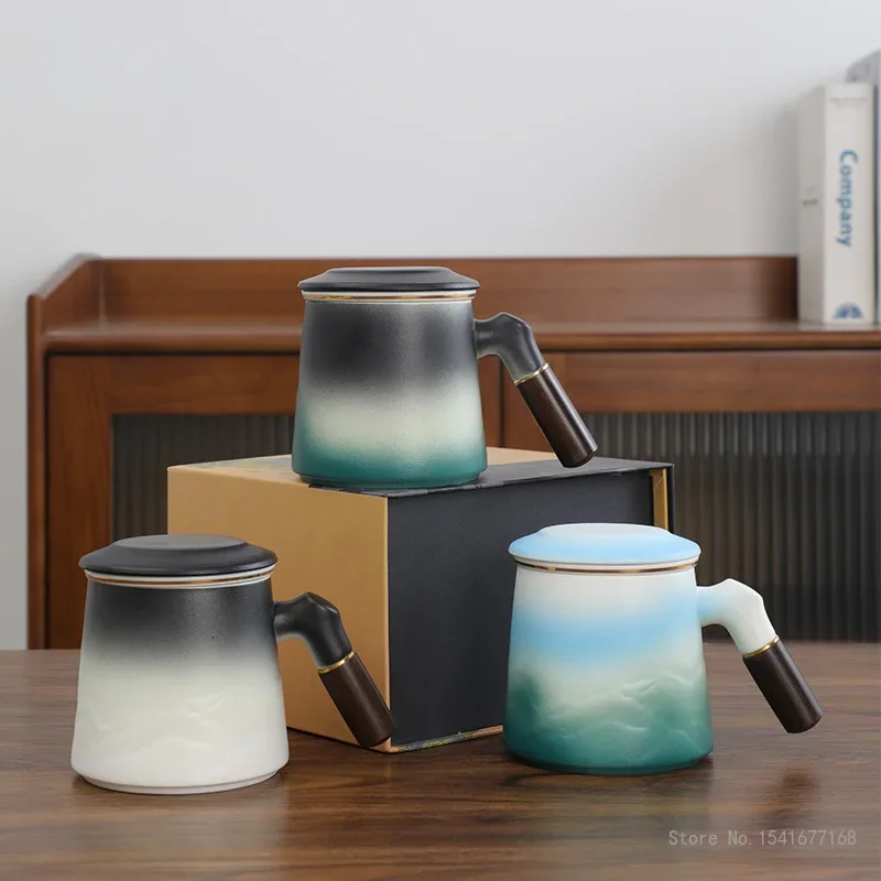 China Creative Gradient Color Ceramic Mug, Tea Cup Water Separation, Office Cup, Wooden Handle with Lid, Home Personal Gift, 1Pc