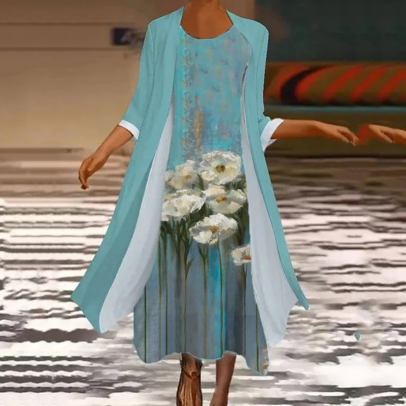 

Fashion New Summer Women's Dress Sets Slim Long Dress and Long Sleeve Cardigan Cover Up Set Casual Print Elegant Party Dress