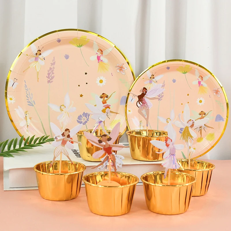 

Fairy Disposabel Tableware Butterfly Goddess Plate Cup Napkin Cake Topper Spring Flower Theme Princess Girl Birthday Party Decor