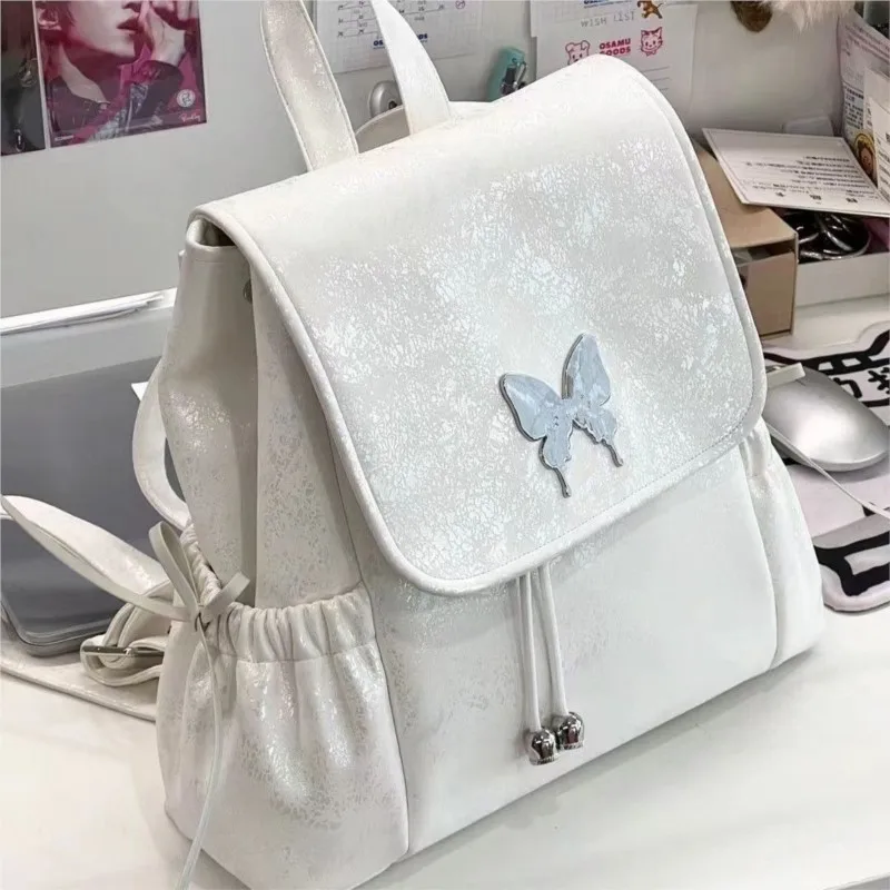 White Ballet Style Backpack Women Bow Butterfly Patch Large Capacity Backpack Ladies Elegant Gentle Exquisite Mochilas Mujer New