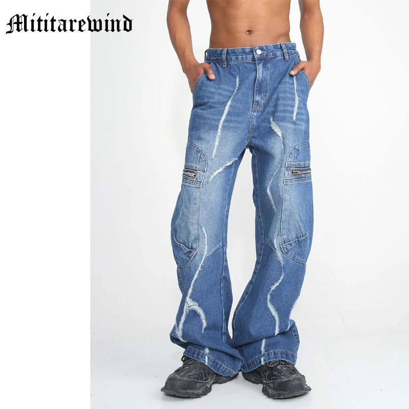 

Loose Casual Straight Men's Jeans Simple Versatile Zipper Design Denim Pants Wide Leg Full Length Ripped Big Porkets Hip Hop