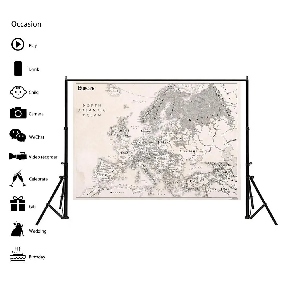 150x225cm Simple Europe Map Vintage Painting Black White Non-woven Decor World Map Wall Art for Office Home School Decoration