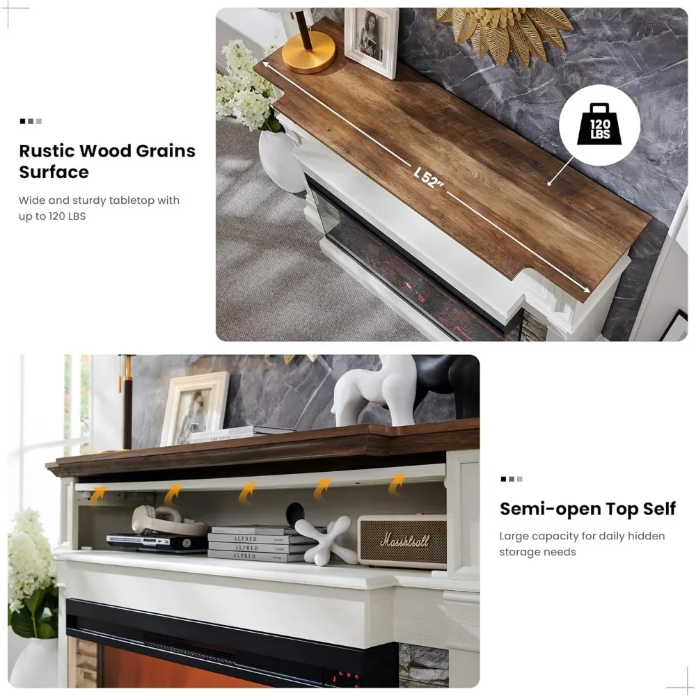 52" Electric Fireplace with Mantel, Freestanding Fireplace Heater TV Stand with 36" 3-Side Glass Insert for TVs Up to 65" 4