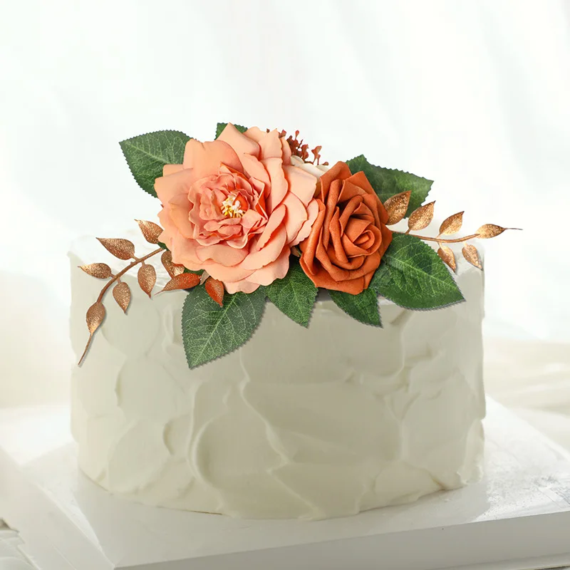 Yannew Burnt Orange Herbst-Hochzeitstorte, Blumen, Dekoration, künstlicher Rosen-Kuchenaufsatz für Geburtstag, Babyparty, rustikale Mi-Dekore – Detail 4