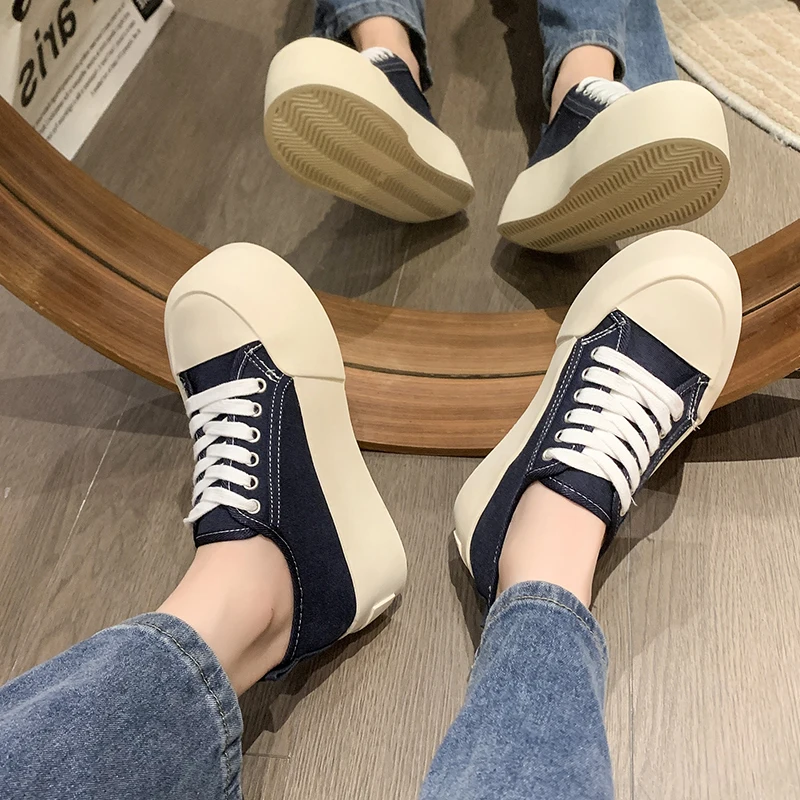 Women Thick Bottom Sneakers Flat Shoes Woman Black White Casual lace up Jogging Shoes Platform Mary Jane Sports Run Shoe Mujer