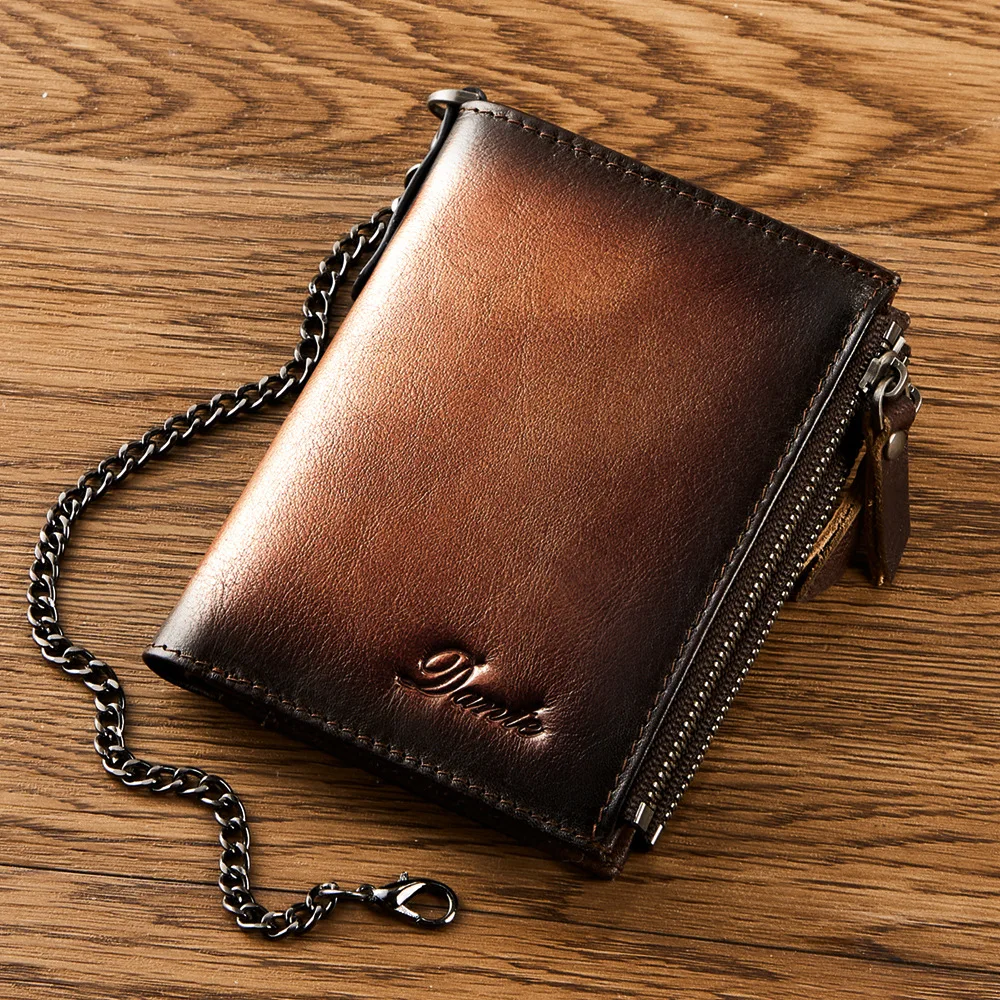 Dante Leather Men‘s Wallet Top Layer Cowhide RFID Anti-theft Brush Wallets Card Swiping Driver's License Chain Zipper Coin Purse