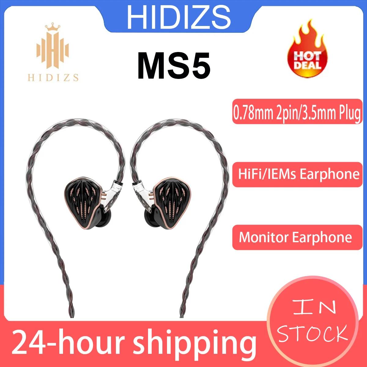 

Hidizs MS5 4BA+1DD HiFi IEMs in Ear Wired Monitor Earphones 0.78mm 2pin Detachable Cable Design 3.5mm Plug with 9 Pairs Ear Tips