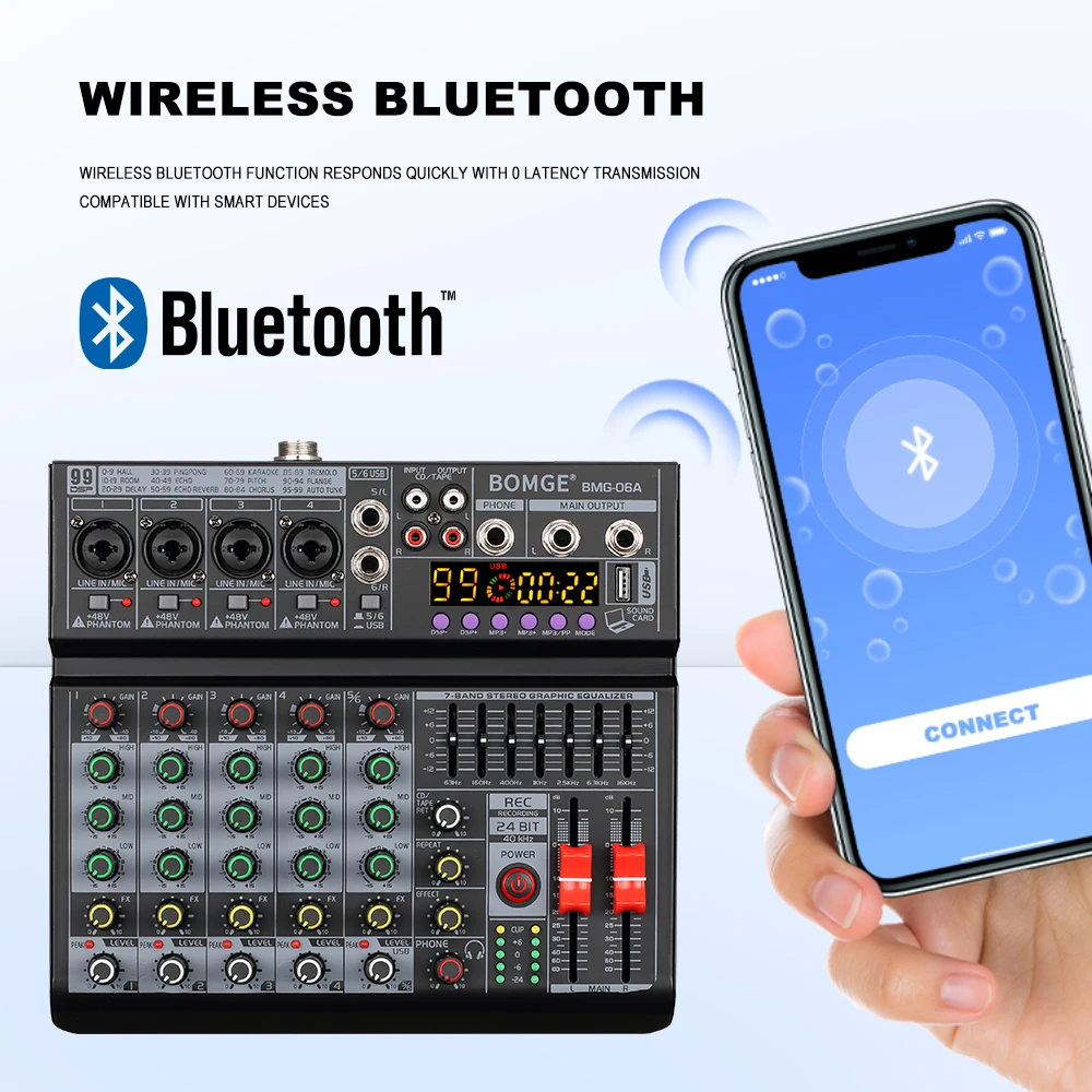 Professional metal 99DSP 6 Channel Recording Audio Mixer interface With USB 48V BT Sound Console Card for PC MP3 DJ karaoke