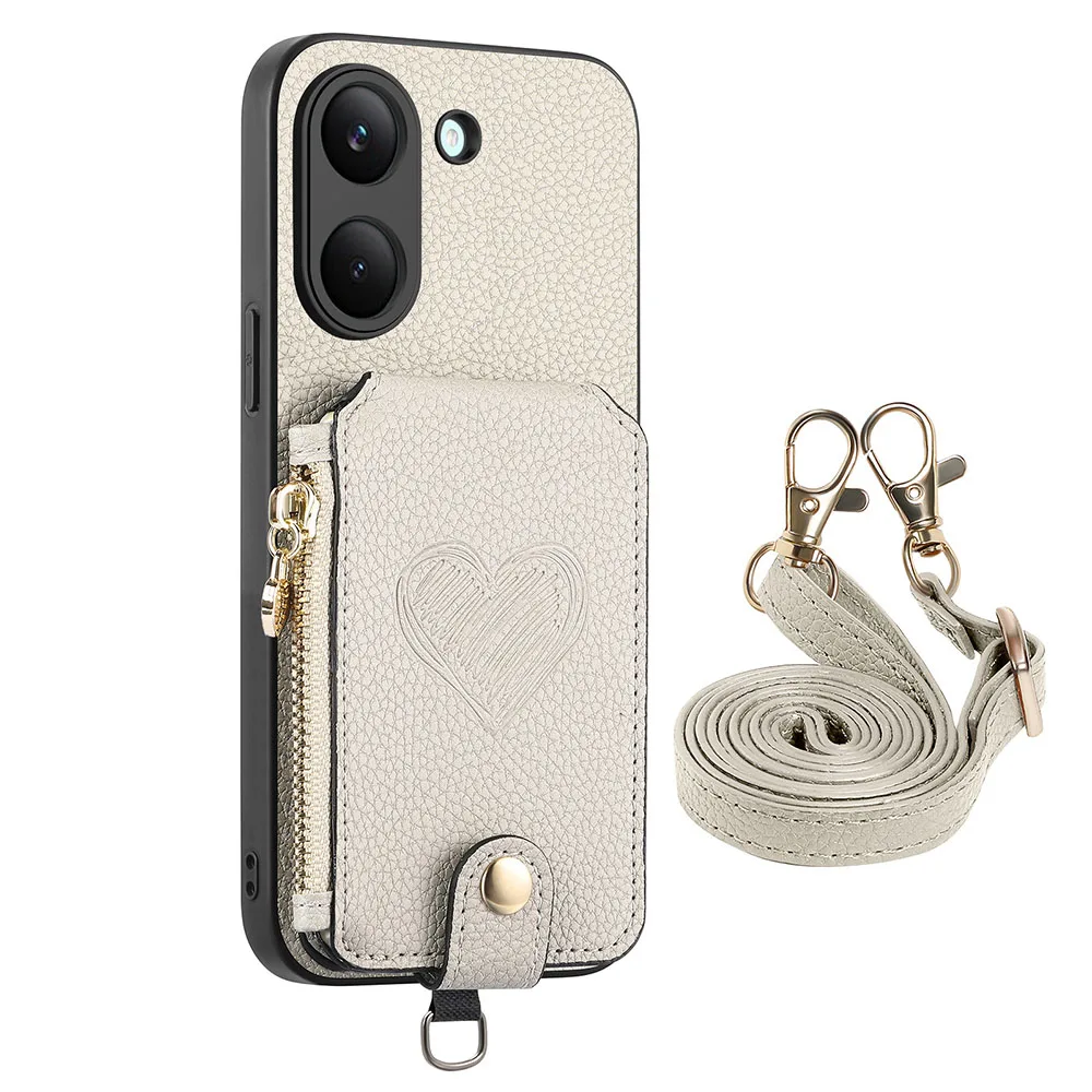 Leather Zipper Wallet Phone Case with Card Holder and Lanyard