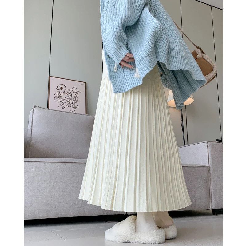 Maternity Clothing Autumn Winter New Knitted Wool Pleated Skirt Casual Slimming Loose A-line Skirt for Pregnant Women Pregnancy