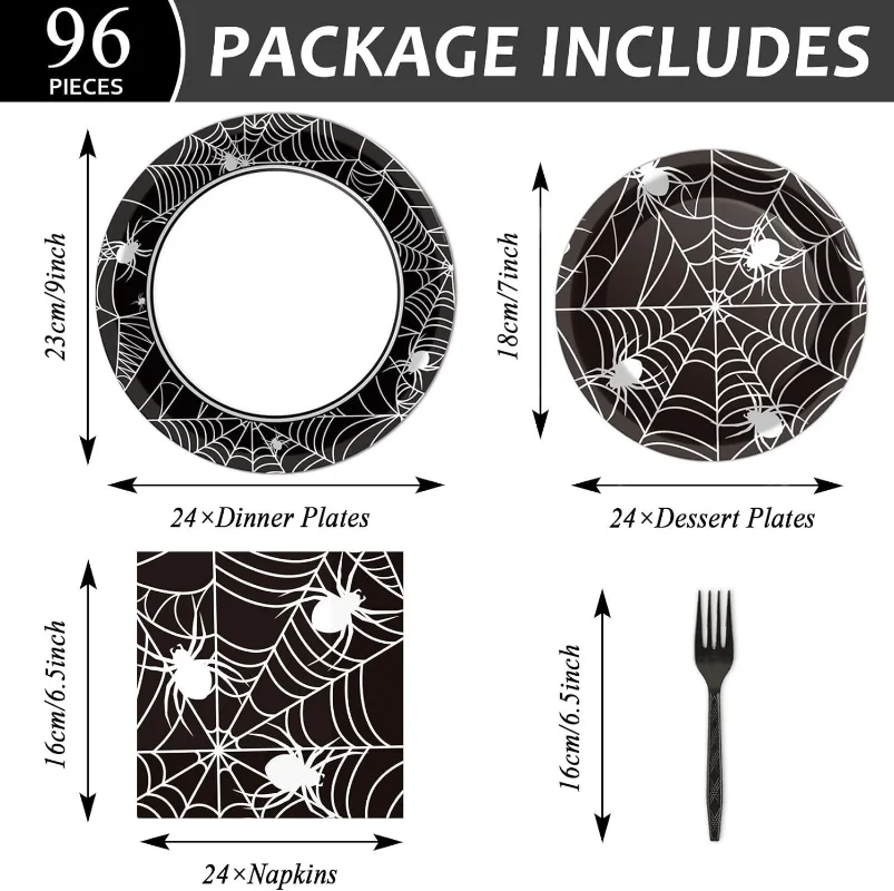 96pcs Halloween Spider Themed Party Tableware Paper Plate Paper Towel Fork Set Non-coated Varnish Craft