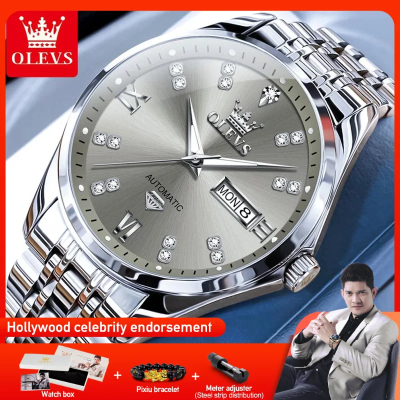 OLEVS 9801 Mens Watch Original Waterproof Luminous Automatic Mechanical Watch Dual Calendar Display Mens Gifts