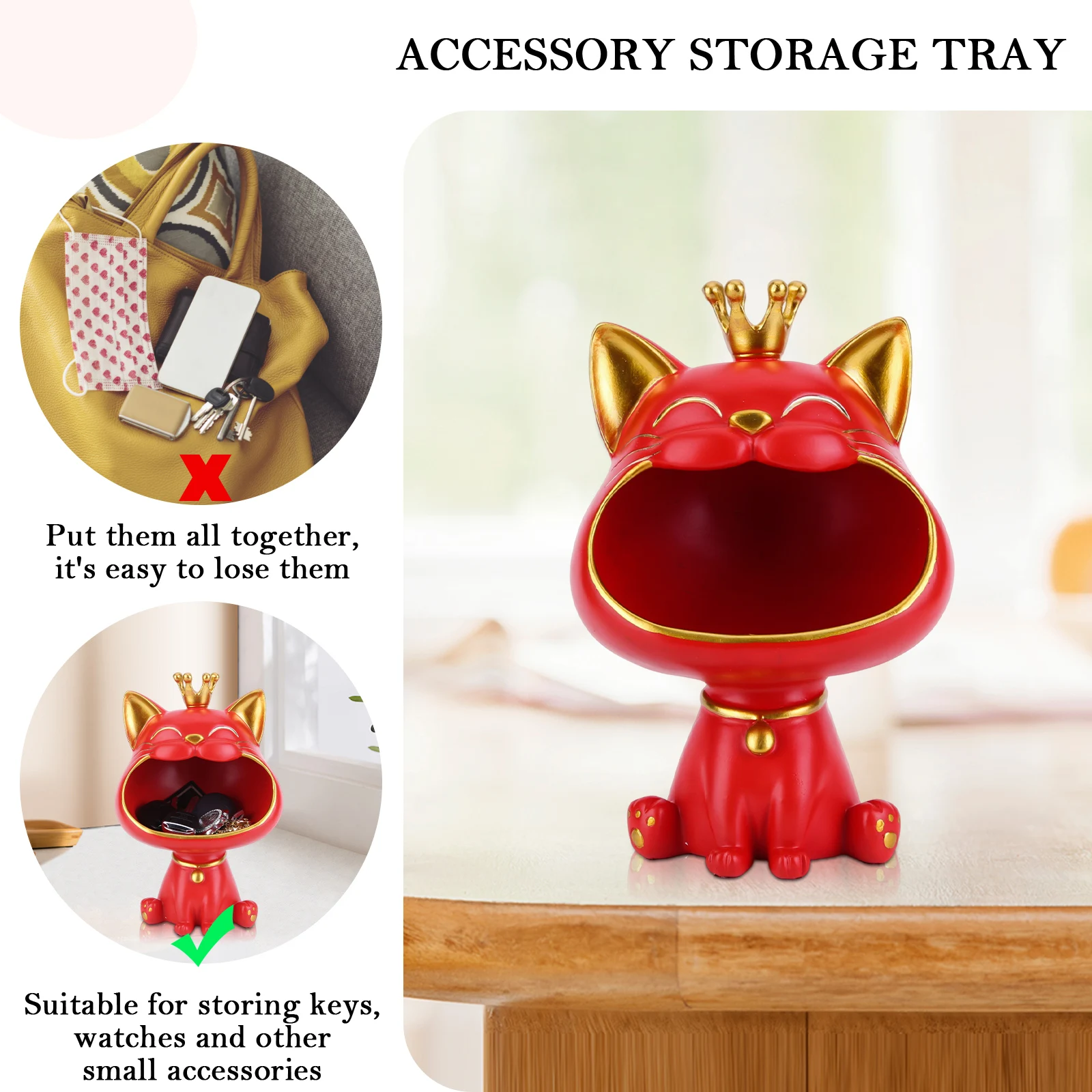 Cat Figurine Storage Box Resin Lucky Cat Statue Decoration Creative Big Mouths Cat Statue Cute Desktop Storage Accessories