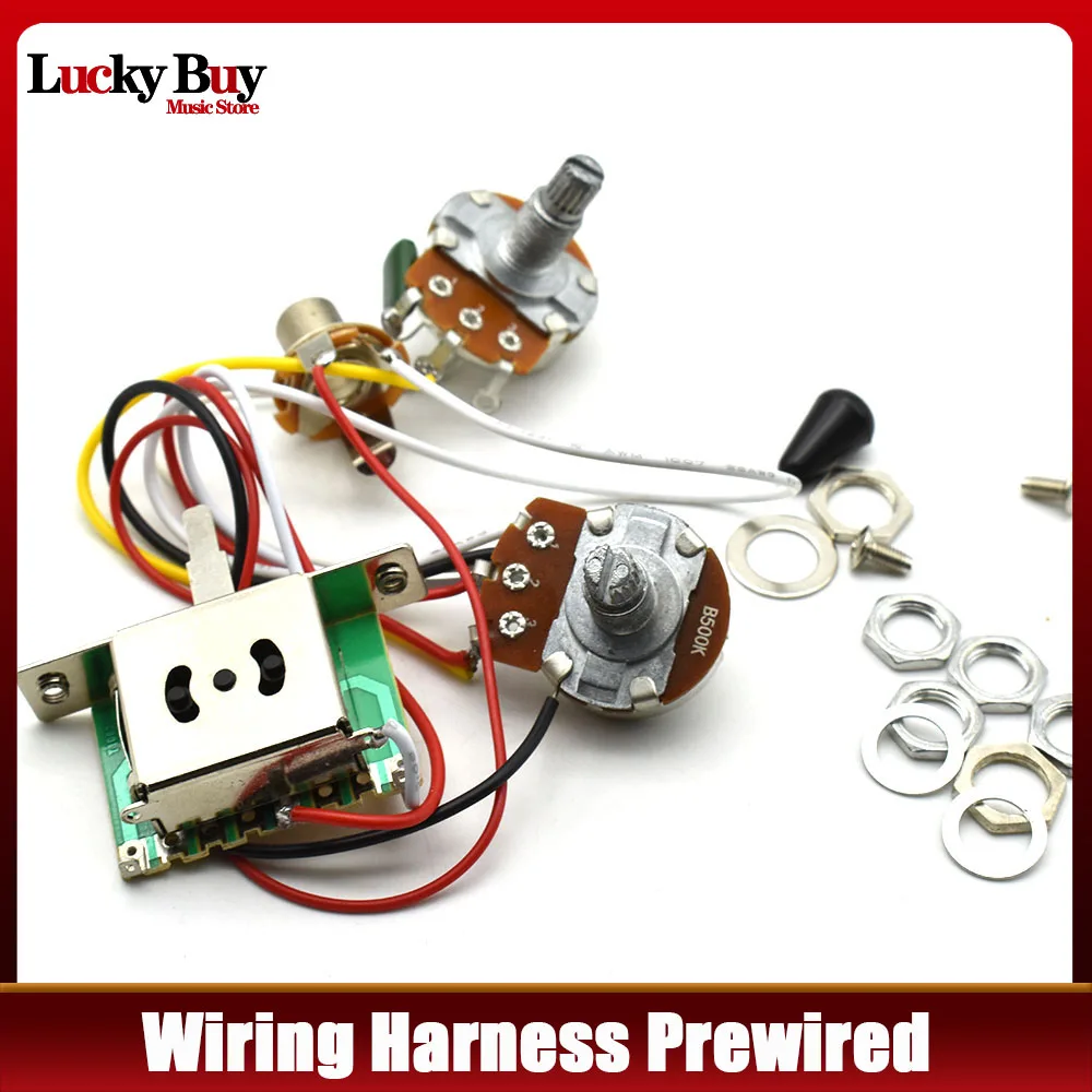 3 Pickup Guitar Wiring Harness Prewired A500K B500K Big Pots 3/5 Way Switch 1 Volume 1 Tone Black-White