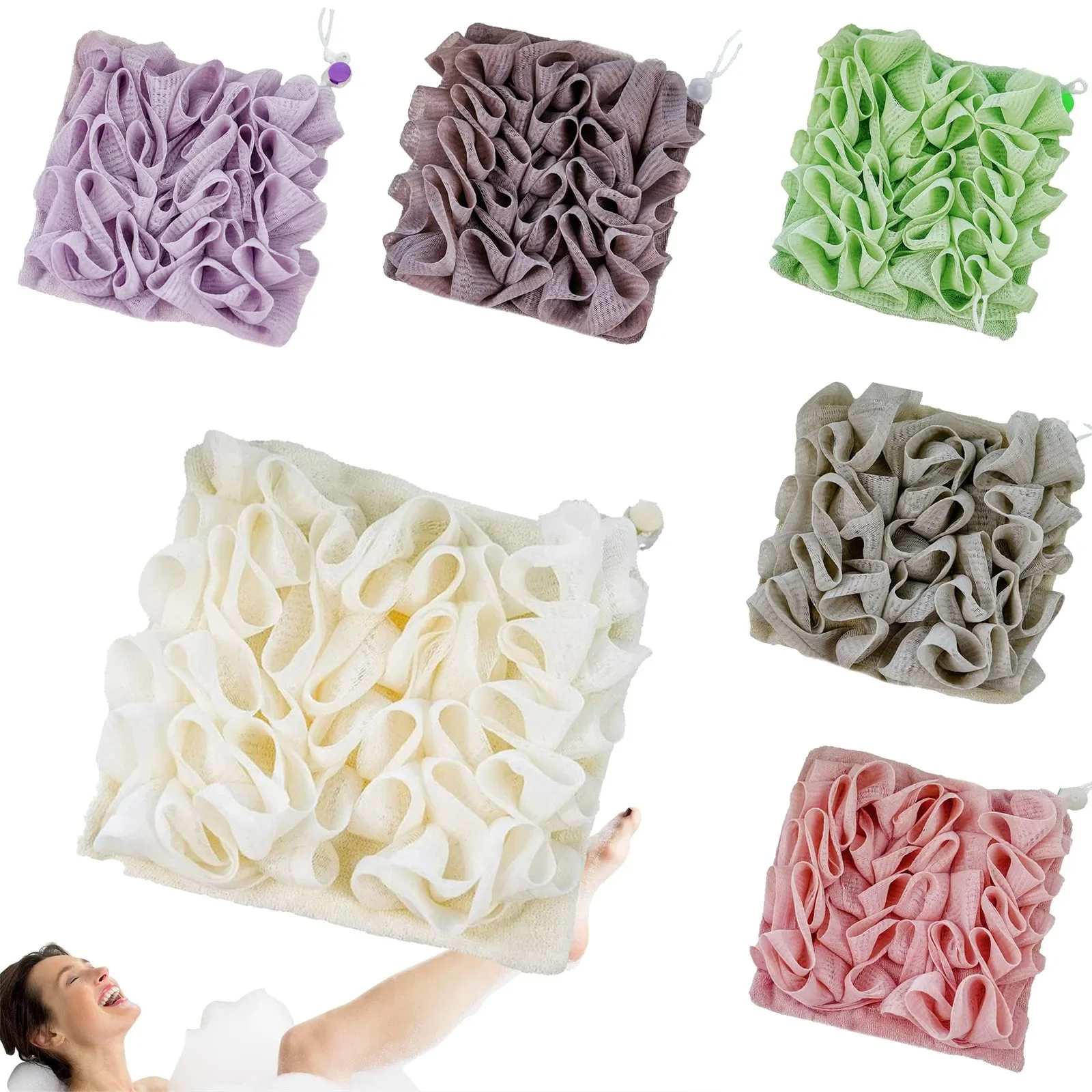 2-In-1 Bath Ball Towel Loofah With Drawstring Closure For Soap Soft Exfoliating Mesh Shower Sponge Skin Care Bathing Tool