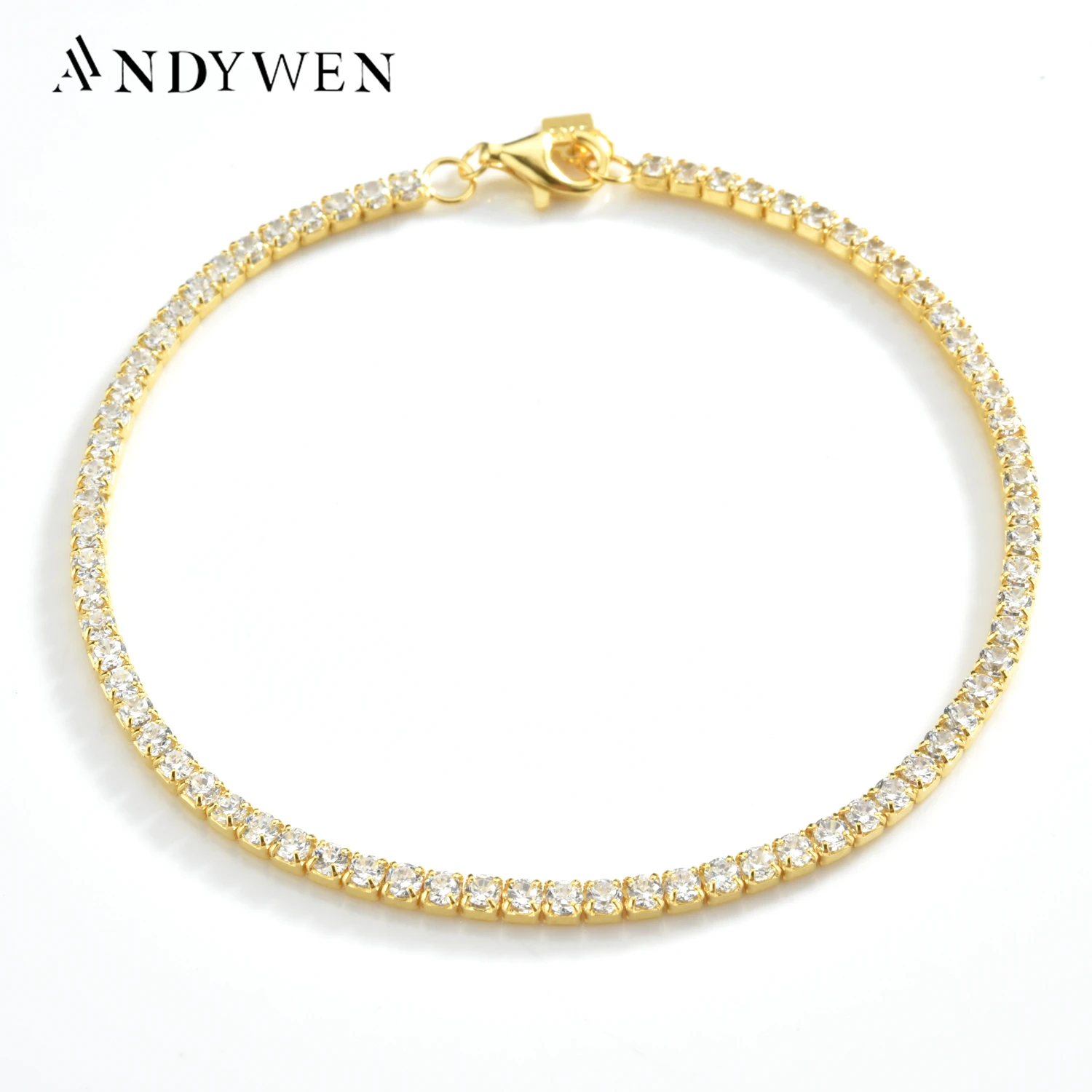 ANDYWEN 925 Sterling Silver Gold 2mm Tennis Cubic Zirconia Round Briliant Bracelet Long Lasting  Wholesale Bulk Free Shipping