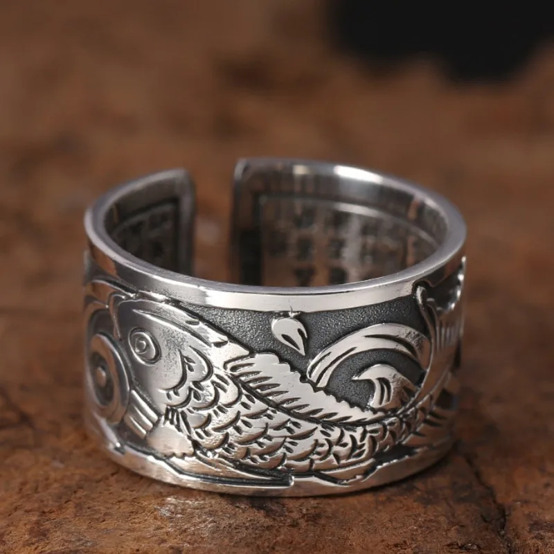 

Мужские и женские кольца S999 из стерлингового серебра, оригинальные новые модные открытые винтажные буддийские амулеты с рельефным рыбным сердцем и сутрой, ювелирные изделия