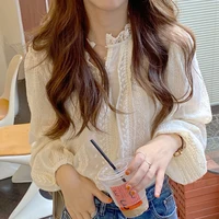 Elegant Lace Women Fashion Blouse New Spring Autumn Long Sleeve Casual Office Loose Shirt Ladies Stand Collar Simple Top Clothes - Image 2