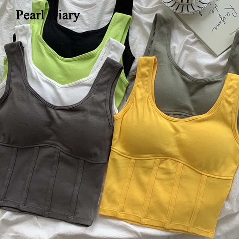 

Pearl Diary Summer New Knitting Short Crop Tops Fashion U-Neck Sleeveless Casual Tank Tops Sporty With Chest Pad Solid Top Women