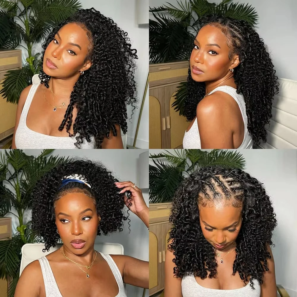 Burmese Curly Half Wig Human Hair 250 Density 3 In 1 Flip Over Glueless Half Wig with Drawstring Headband for Women