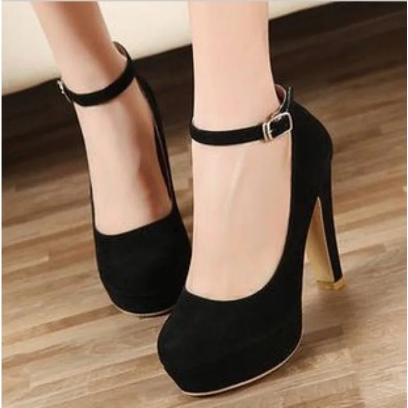 Large Size 42 Sexy Super High Heels Shoes for Women Ankle Buckle Chunky Platform Pumps Woman Black Flock Square Heel Party Shoes 2