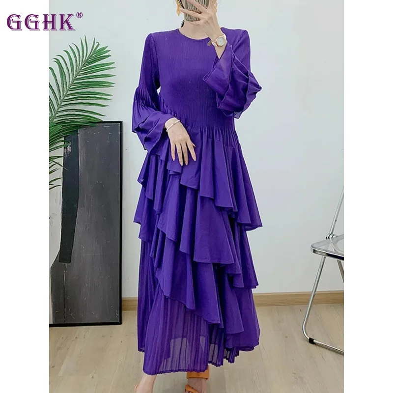 

GGHK Miyake 2024 Spring New Ruffles Pleated Dress Women Round Neck Flare Sleeves Loose Chic Long Length Female Party Dresses