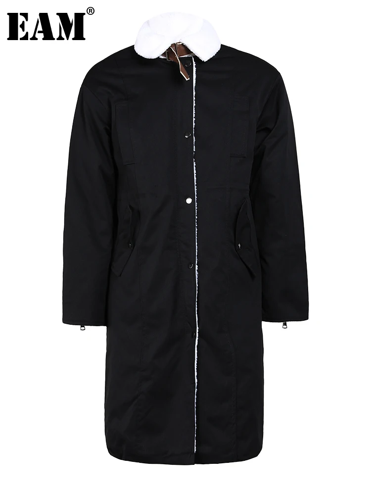 

[EAM] Black Lambswool Black Zipper Big Size Cotton-padded Coat Long Sleeve Women Parkas Fashion New Autumn Winter 2023 1DH0365