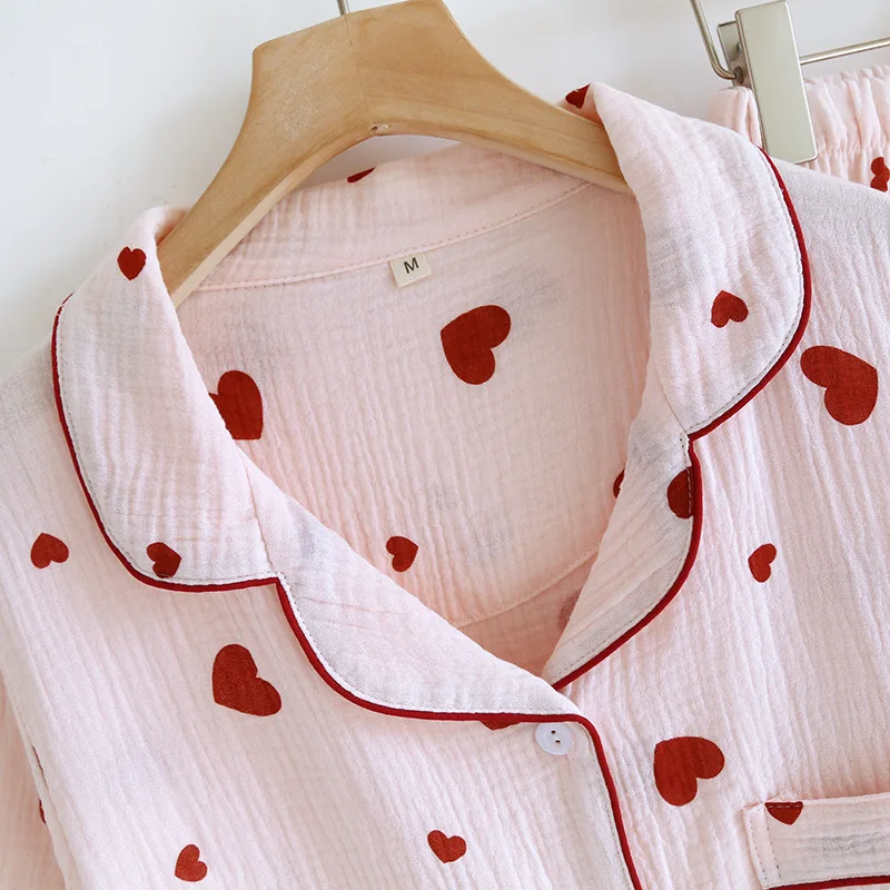 2024 New Spring/Summer Women's Pajamas Three Piece Set 100%Cotton Crepe Short Sleeves+Shorts+Pants Set Love Cute Large Home Fury