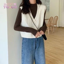 

Korean Women Fashion Solid Cable-Knit Loose Knitted Vest Sweater V Neck Sleeveless Female Pullover Warm Knitted Tank Chic Tops
