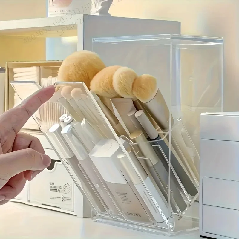 Clear Acrylic Makeup Brush Holder with Lid - Elegant Cosmetic Storage Box for Vanity or Desk Display