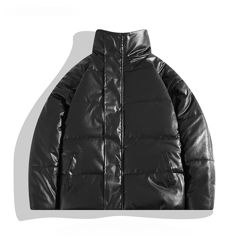 

Men/Women Solid Color Stand Collar PU Leather Cotton-padded Jackets Hong Kong Style High-end Winter Thickened Warm Casual Parkas