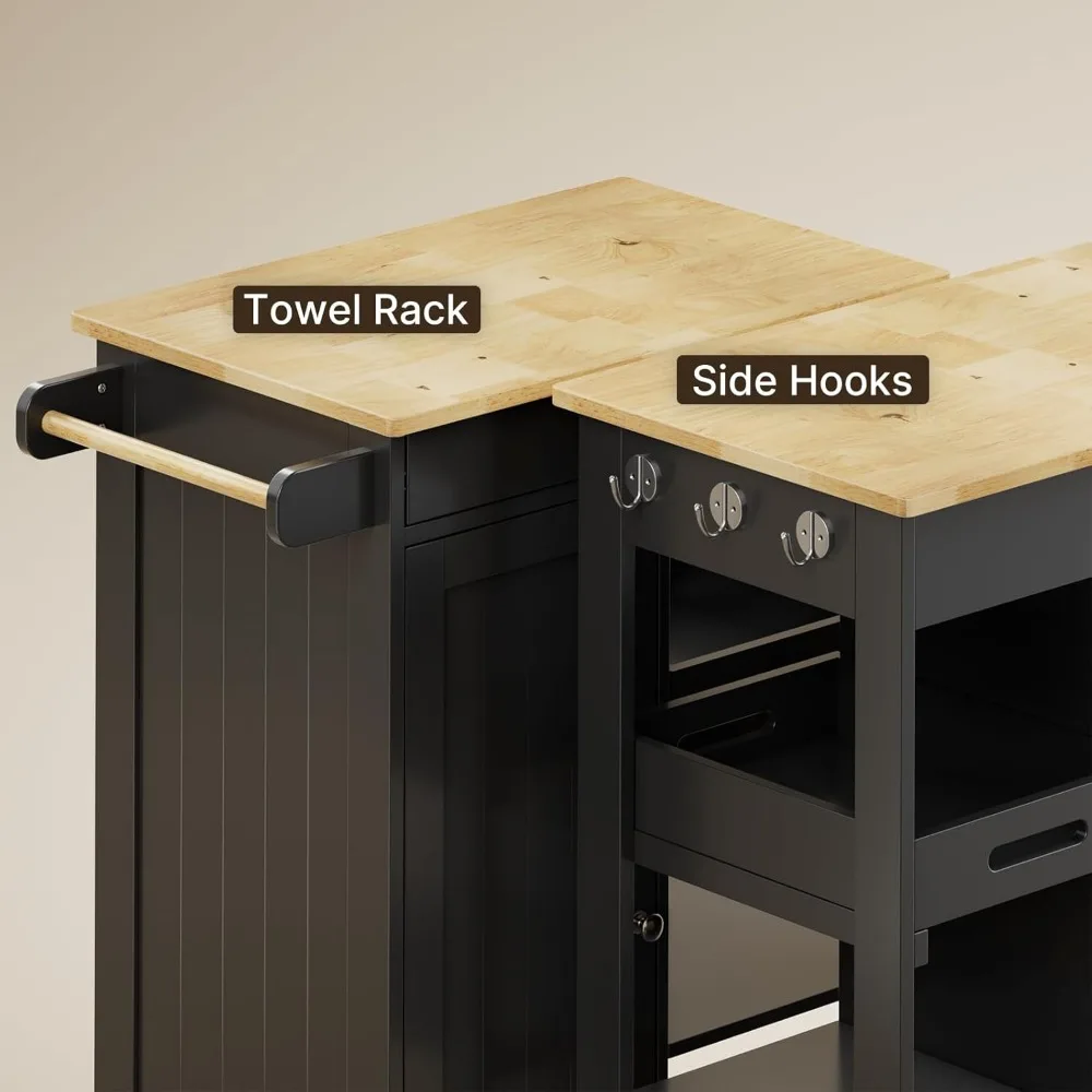 Kitchen Island Cart with Solid Wood Top, Rolling Serving Utility Trolley Cart with Drawer, Cabinet, Towel Rack, Hooks 5