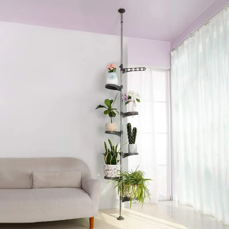 7-Tier Indoor Plant Pole Spring Tension Rod Expandable Flower Pots Display Rack Stand Hanger Metal Corner Storage Shelf, 6
