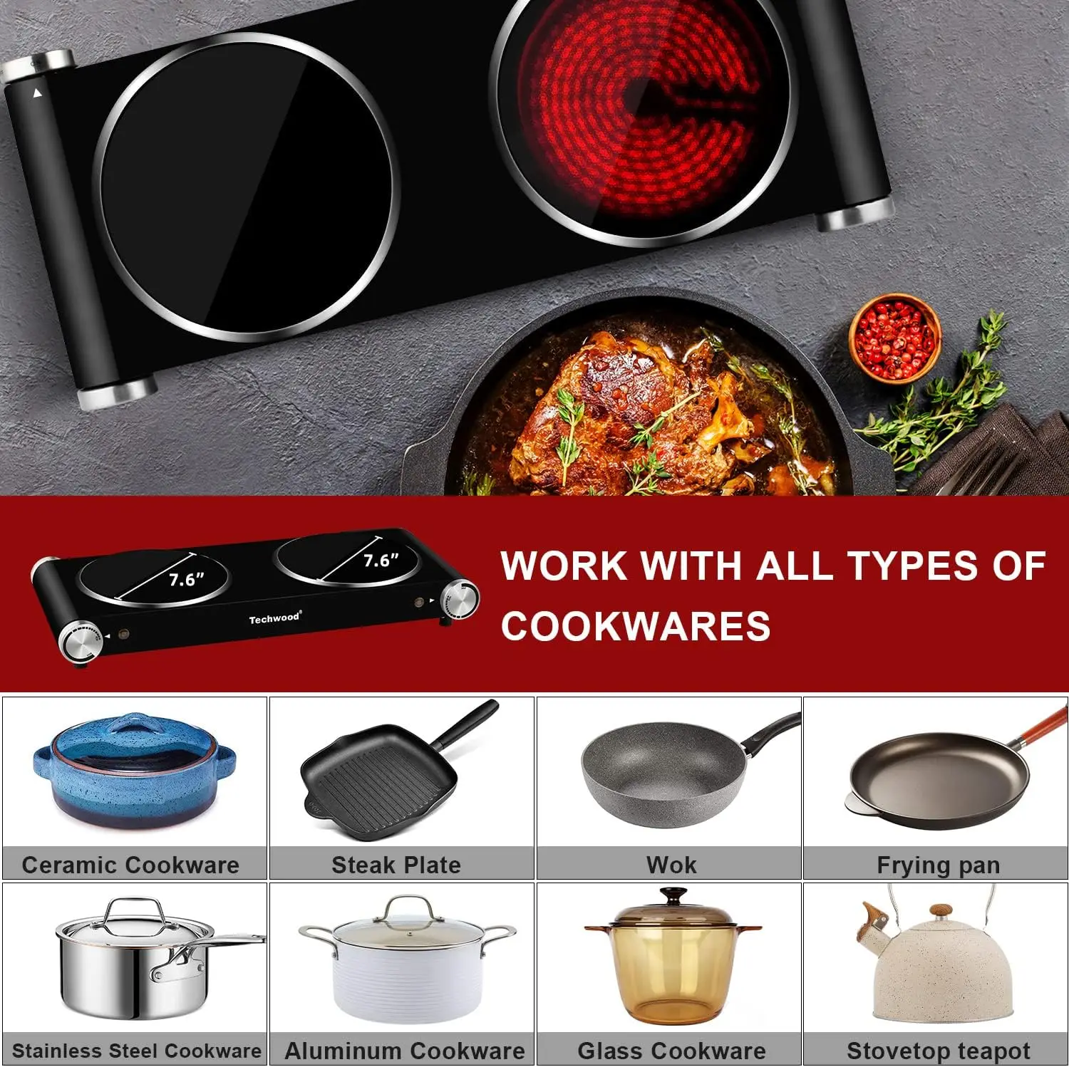 Turkwood Electric double hot plate 1800W, countertop stove, double stove burner for cooking, infrared ceramics 5