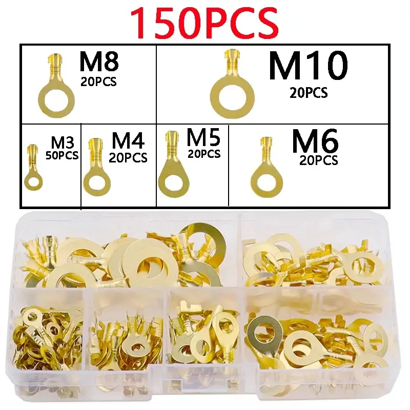 150pcs Insulated Brass Ring Crimp Terminals Wire Connectors Spade Electrical Kit M3 M4 M5 M6 M8 M10 Cable Lugs Set image 1