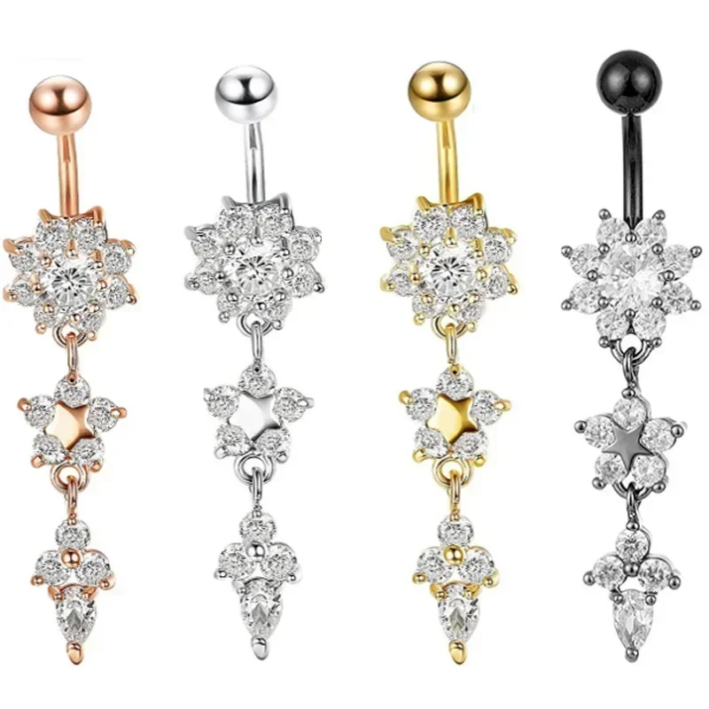 Crystal Navel Nail Ring Alloy Zircon Bar Barbell Drop Flower Dangle Body Piercing Belly Button Rings Men Women Body Jewelry