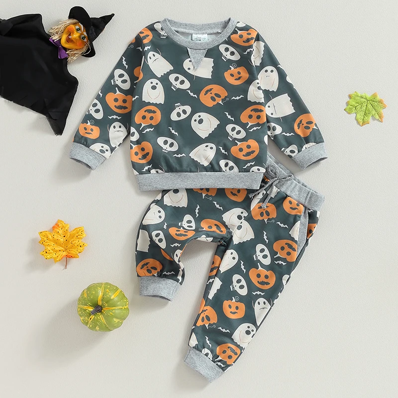 

2023-07-07 Lioraitiin 0-4Years Toddler Boy Fall Halloween Clothes 2Pcs Pumpkin & Ghost Print Long Sleeve Crewneck Tops Pant