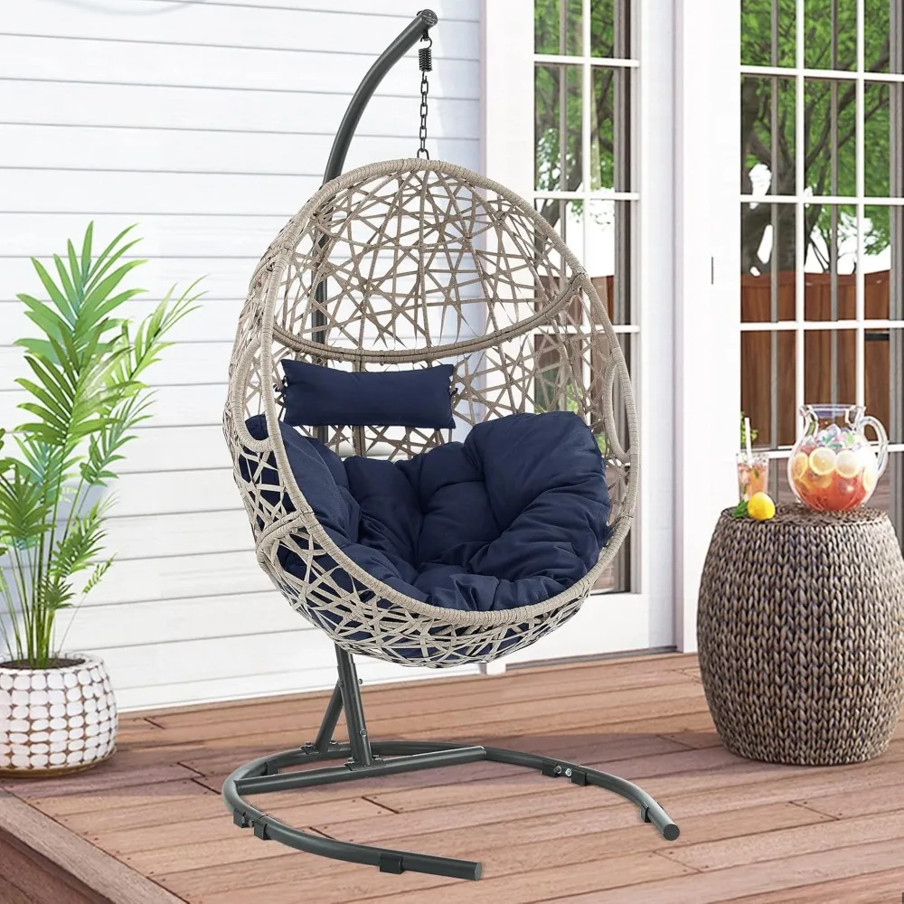 Outdoor Furniture Egg Chair Swing with Stand and Cushion, for Garden Patio Backyard Lawn, Wicker Tear Drop Hammock Chair 3