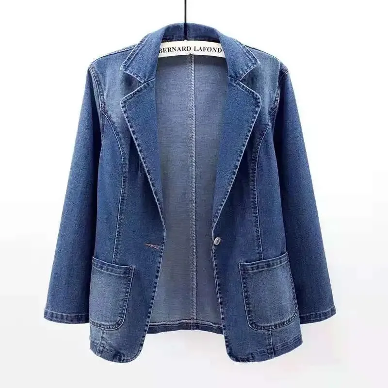 Spring Denim Suit Jacket Femme Long-Sleeve One Button Vintage Autumn Jeans Blazer Women Outerwear Cardigan Clothing