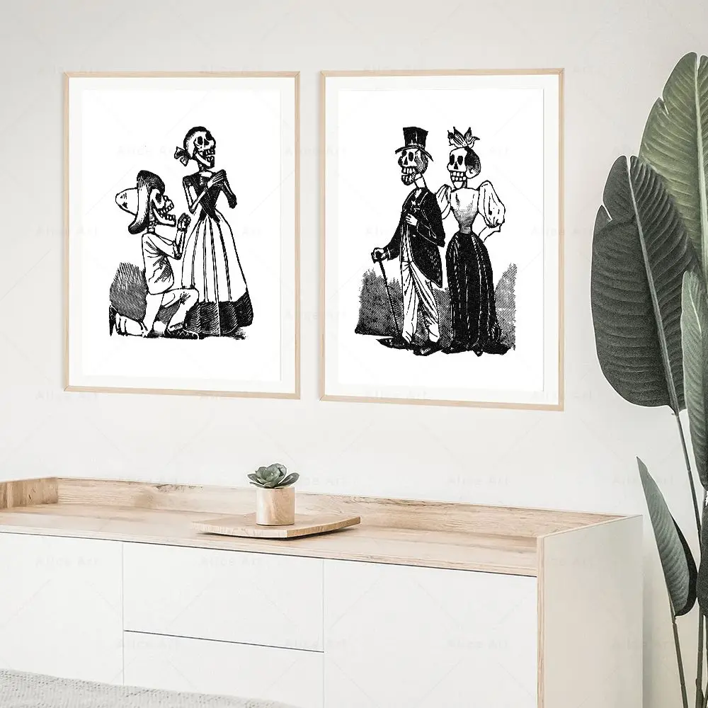Funny Skeleton Proposing Marriage Poster Print Mexican Woodcuts Posada ...