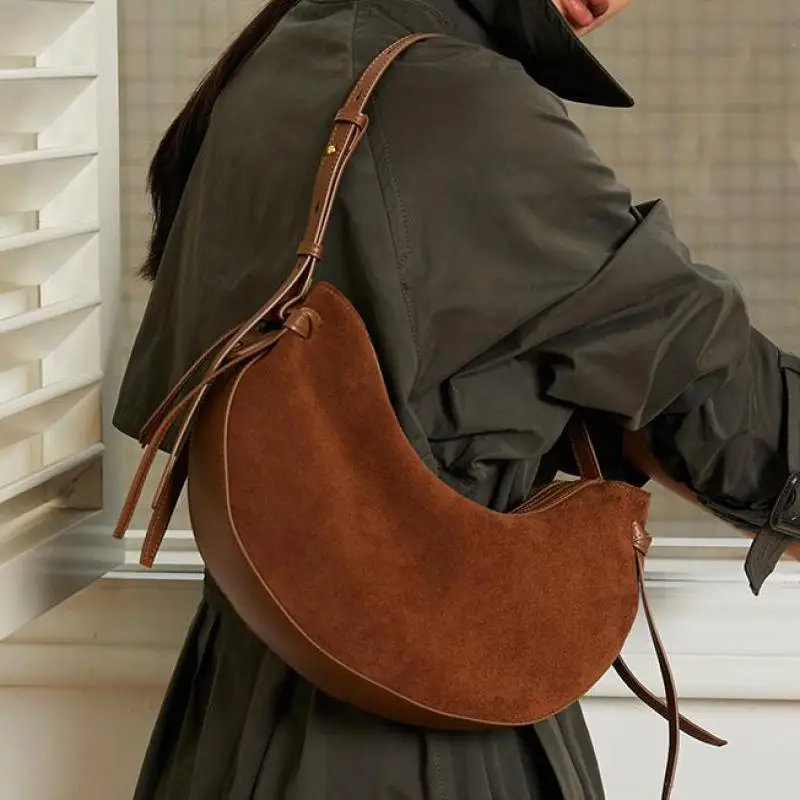 

Autumn And Winter New Fashion Genuine Leather Frosted Suede Half Moon Bag With Advanced Sense Simple And Versatile Shoulder Bag