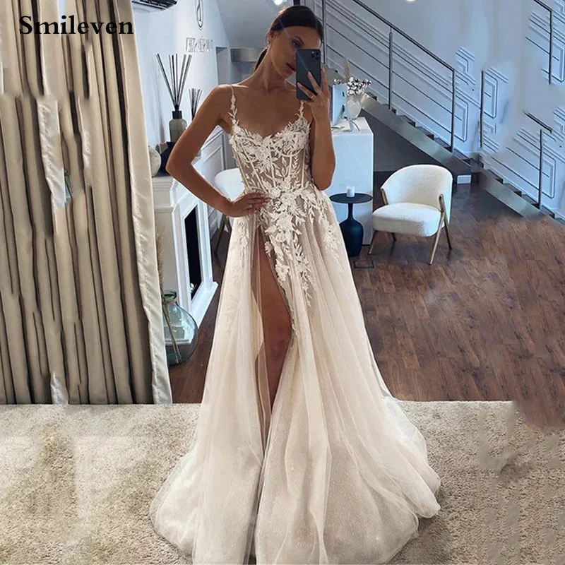 

Smileven Sexy Lace Wedding Dresses A Line Spaghetti Straps Bridal Gowns Modest vestidos de novia 2024