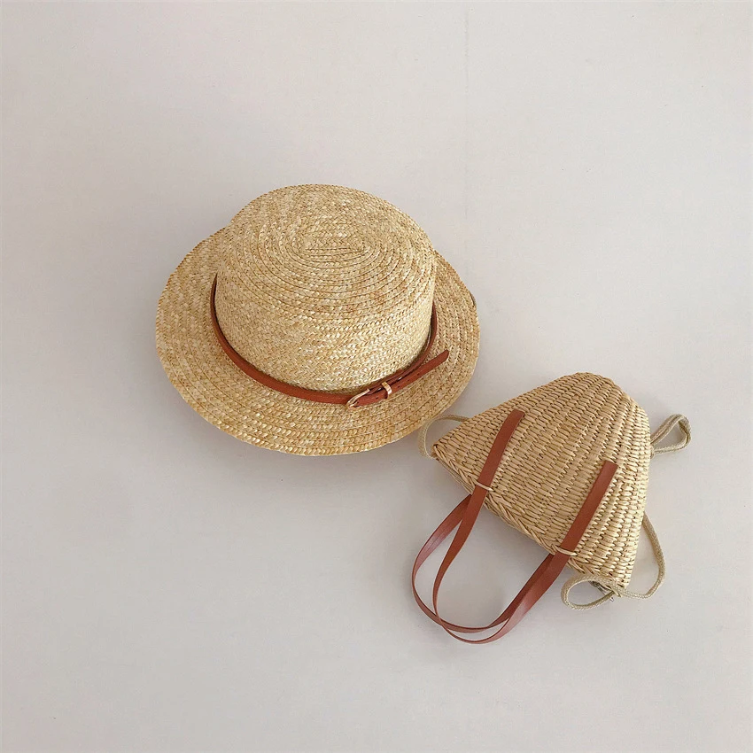 Chic Style Children's Wheat Straw Sunhat Handbag Leather Rope Flat Top Sunscreen Straw Bags Summer Holiday Beach Hat Bags 2
