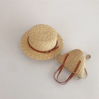Chic Style Children's Wheat Straw Sunhat Handbag Leather Rope Flat Top Sunscreen Straw Bags Summer Holiday Beach Hat Bags 2