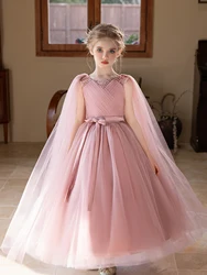 Elegant Purple Tween Girl's Formal Gown with Flowing Veil and Bow Decoration - 10Y (Pink)