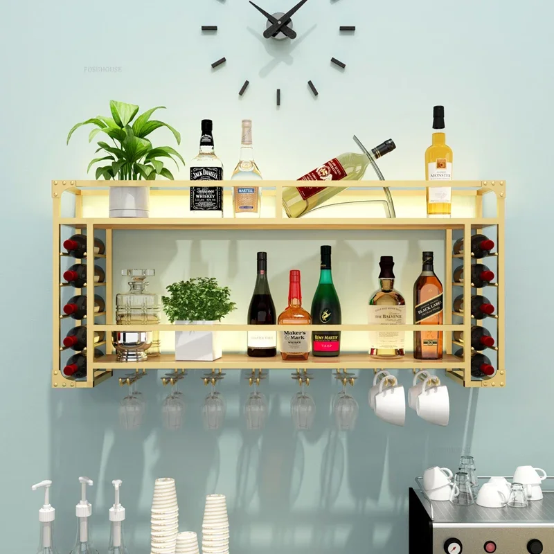 Simple Iron Wine Cabinets Home Wall-mounted Bar Cabinets Rack Creative Restaurant Decoration Wine Glass with Light Bar Furniture