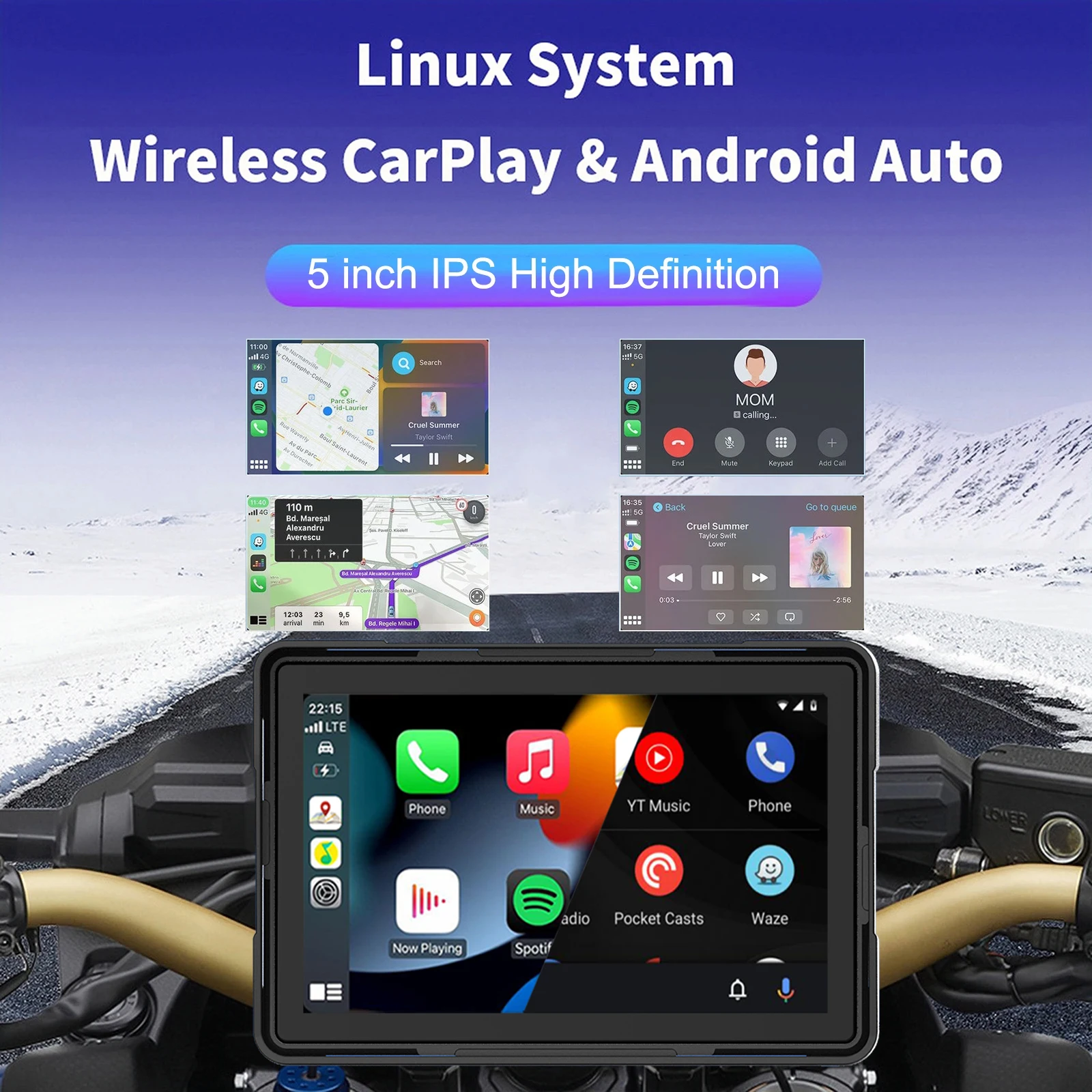 5 inch Waterproof Touchscreen, Support Dual Bluetooth, Car GPS, Siri