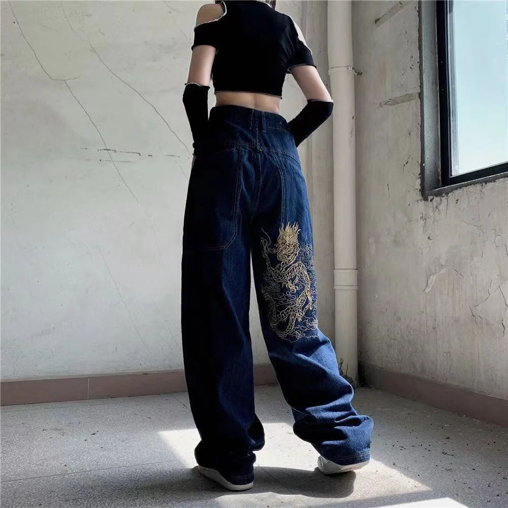 levis 501 Baggy Jeans Skater Dragon Indie Harajuku Letter Print Straight Casual Denim Pants Mens Washed Vibe Style Streetwear Jean Pants cargo pants for women