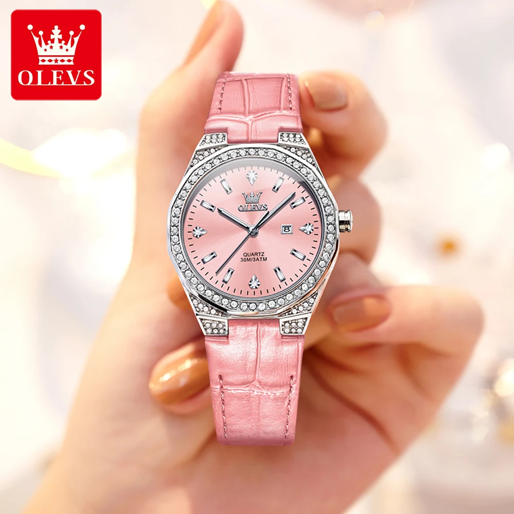 OLEVS 5606 Original Quartz Watches For Women Fashion Luxury Diamond Dial Auto Date Waterproof Leather Strap Ladies Wristwatches